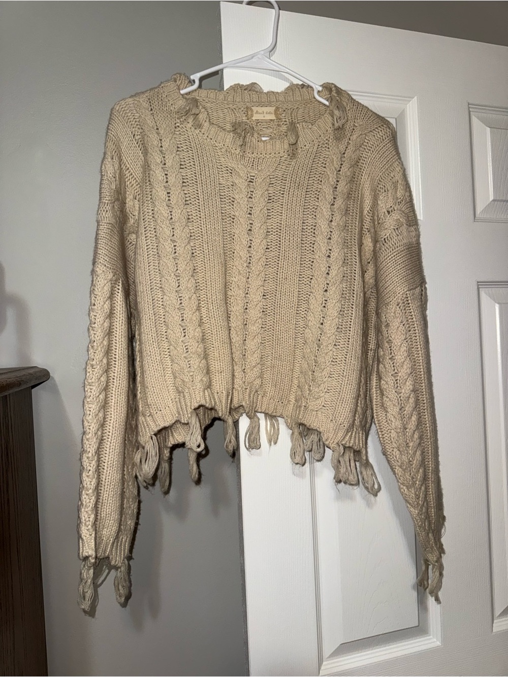Altar'd State Frayed Hem Cable Knit Sweater - Beige